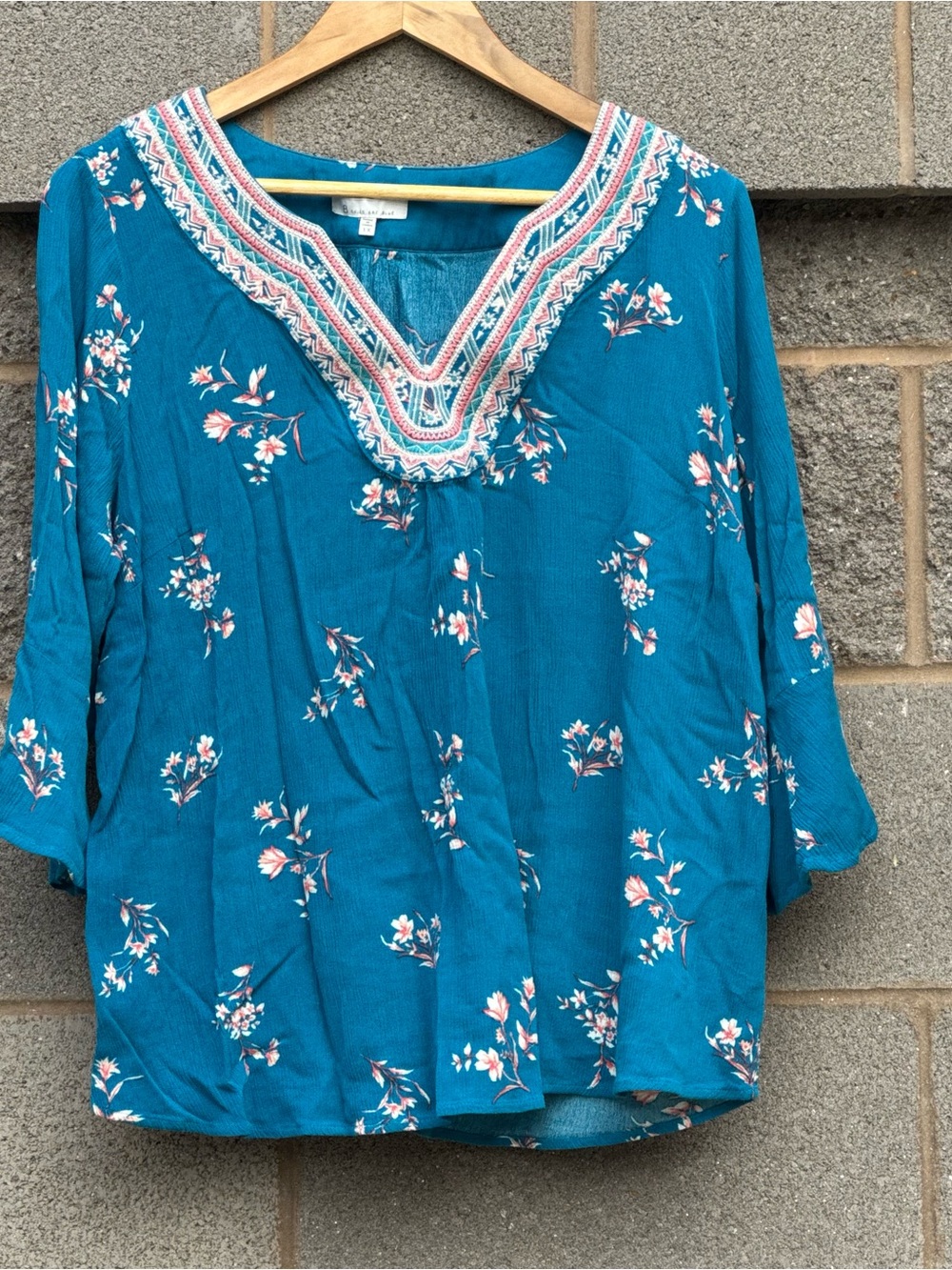 Women’s Skies Are Blue Teal Floral Boho Embroidered V-Neck Blouse 1X